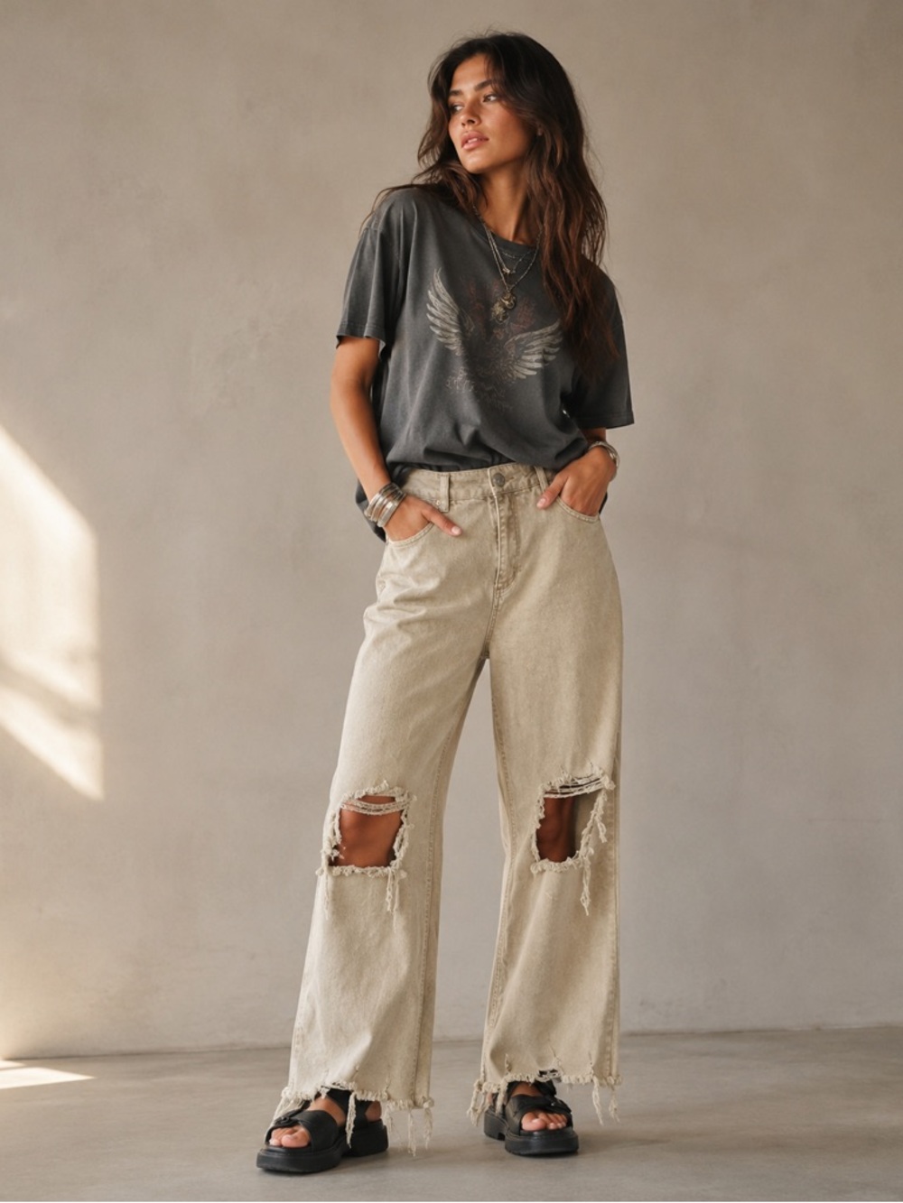 Distressed High-Rise Ankle Crop Jeans in Washed Beige
